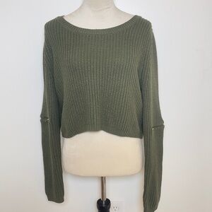 Charlotte Russe Olive Green Cropped Sweater Zip Sleeve Small